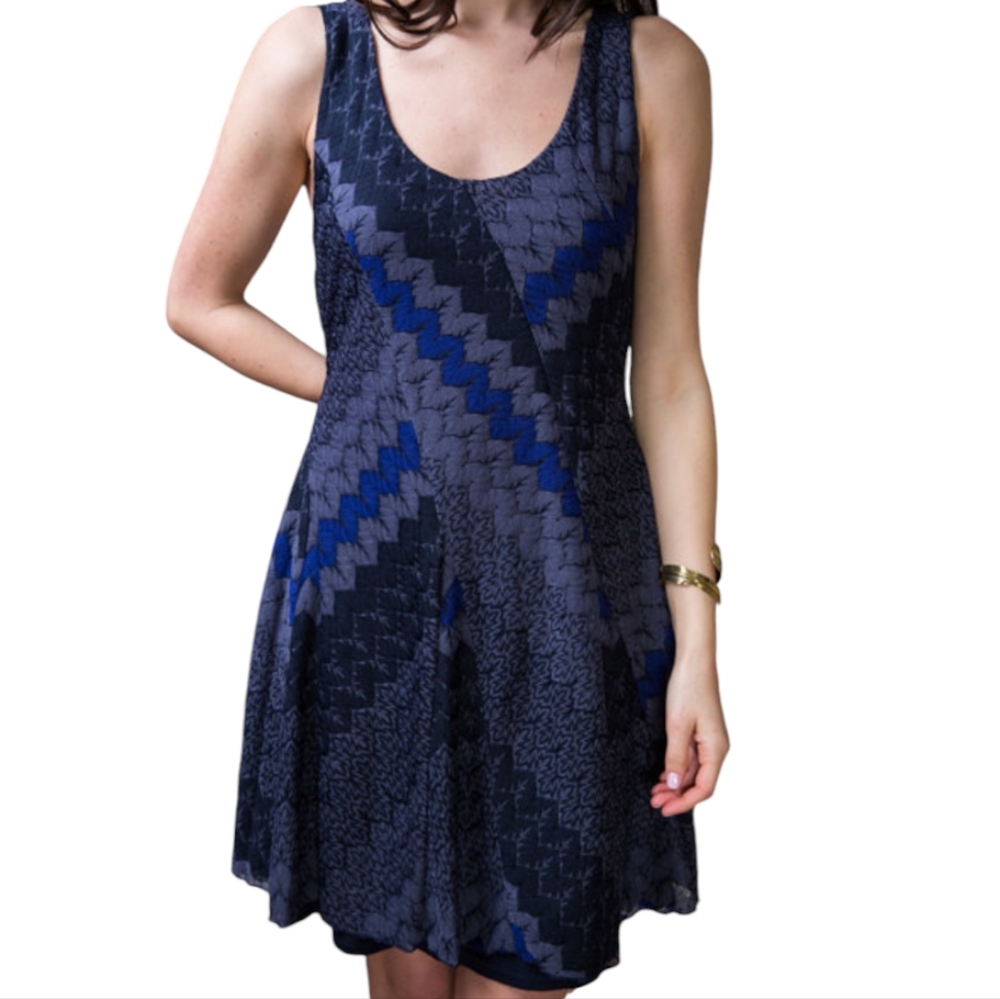 Free People Mini Dress in Indigo Combo Geometric Patterned Women's X-Small